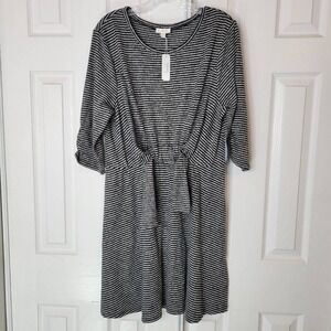 3‎ / $30 Charming Charlie Dress XL Black Gray Stripe 3/4 Sleeve Cinch Waist NEW